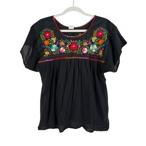 Artesanias F.R Inc Mexican Peasant Blouse M Black Cotton Floral Embroidered Top